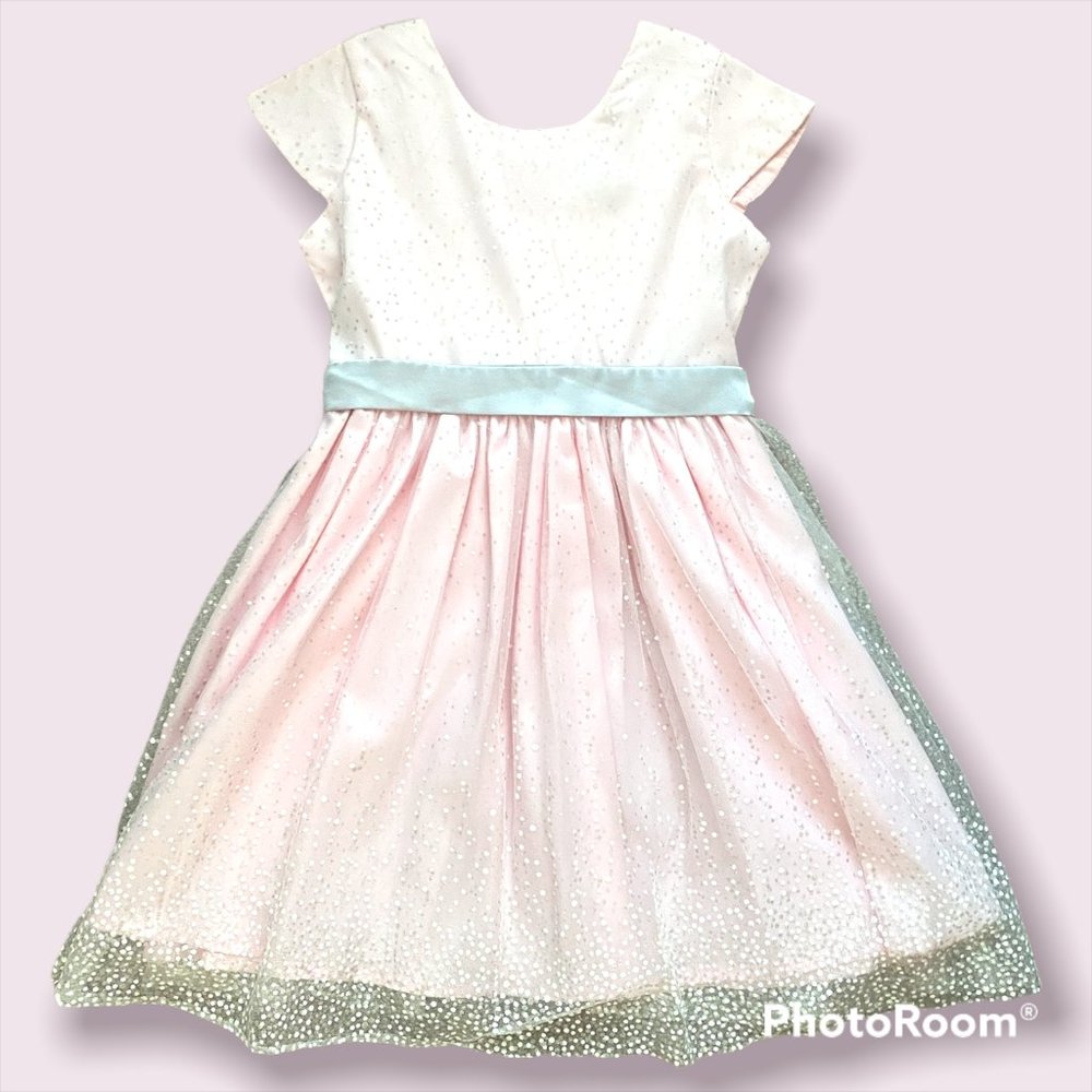 Le Pink Party formal Dress with silver sparkle overlay and silver sash NWT